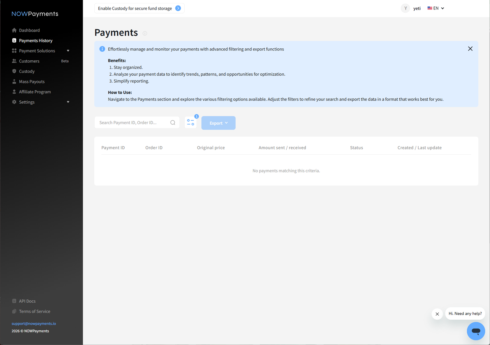 NOWPayments payments panel